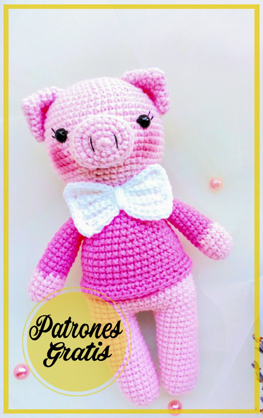 Piggy con pajarita rosa amigurumi patrón gratis PDF en Español